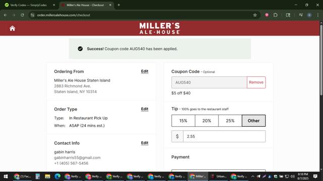 Miller's Ale House checkout page showing Miller's Ale House coupon code box | Screenshot taken by SimplyCodes community member on Aug 8, 2025