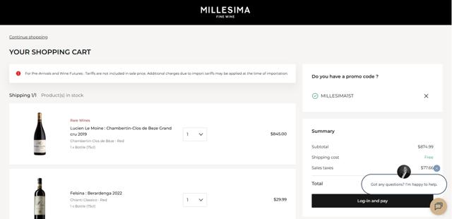 Millesima checkout page showing Millesima promo code box | Screenshot taken by SimplyCodes community member on Sep 12, 2025