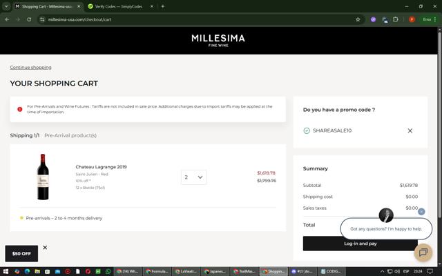 Millesima checkout page showing Millesima promo code box | Screenshot taken by SimplyCodes community member on Sep 12, 2025