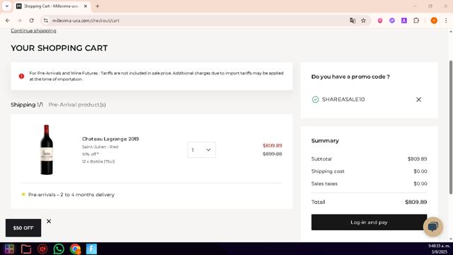 Millesima checkout page showing Millesima promo code box | Screenshot taken by SimplyCodes community member on Aug 3, 2025