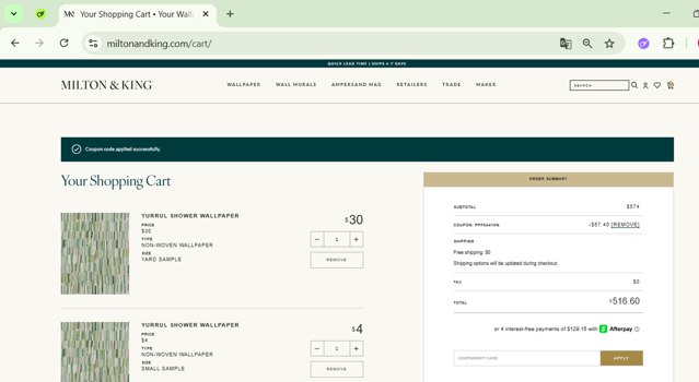 Milton And King checkout page showing Milton And King coupon code box | Screenshot taken by SimplyCodes community member on May 10, 2025