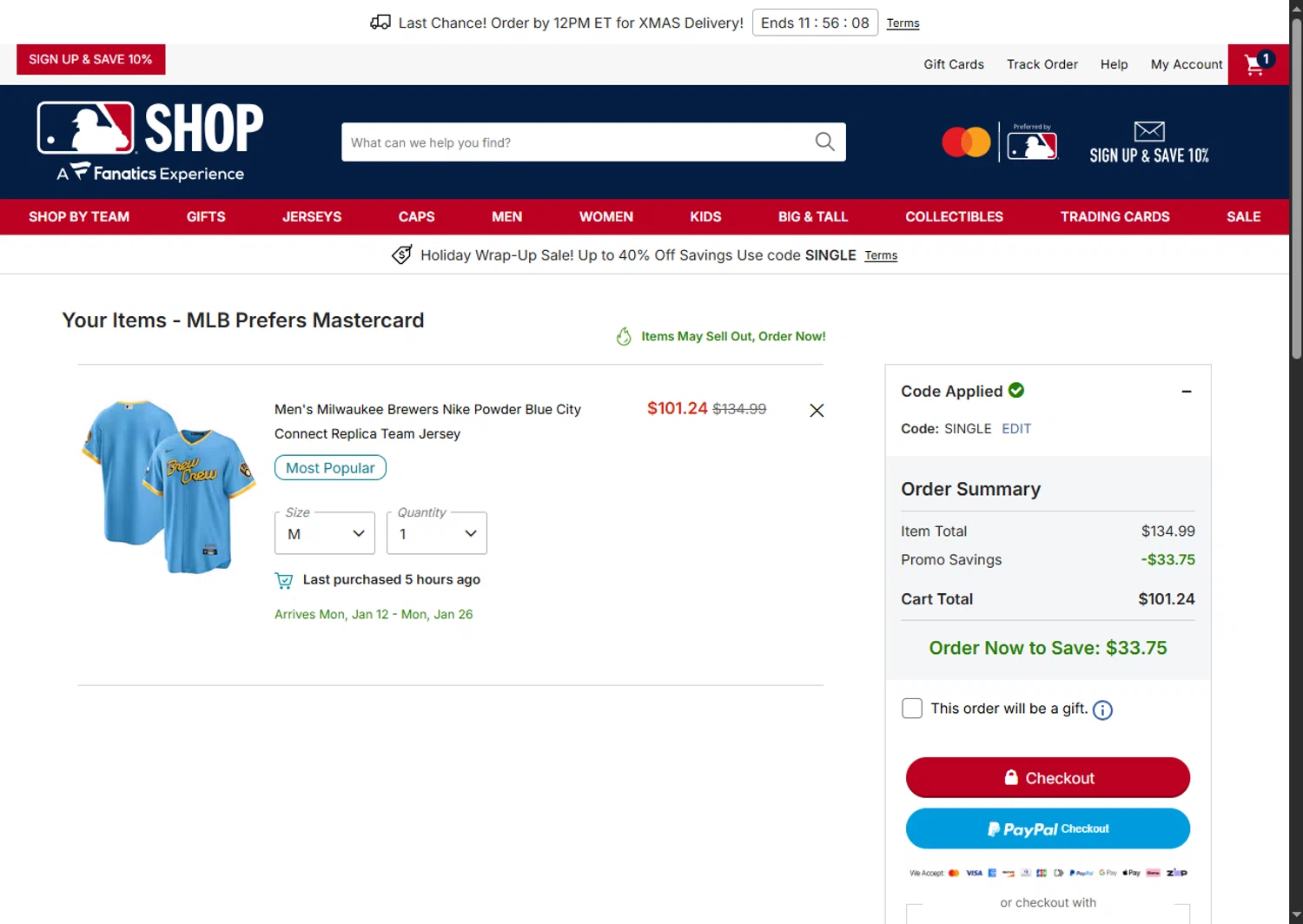 Milwaukee Brewers coupon code screenshot showing code single applied at Milwaukee Brewers checkout page. Uploaded by SimplyCodes community member MagnificentFalcon188 on Dec 22, 2025