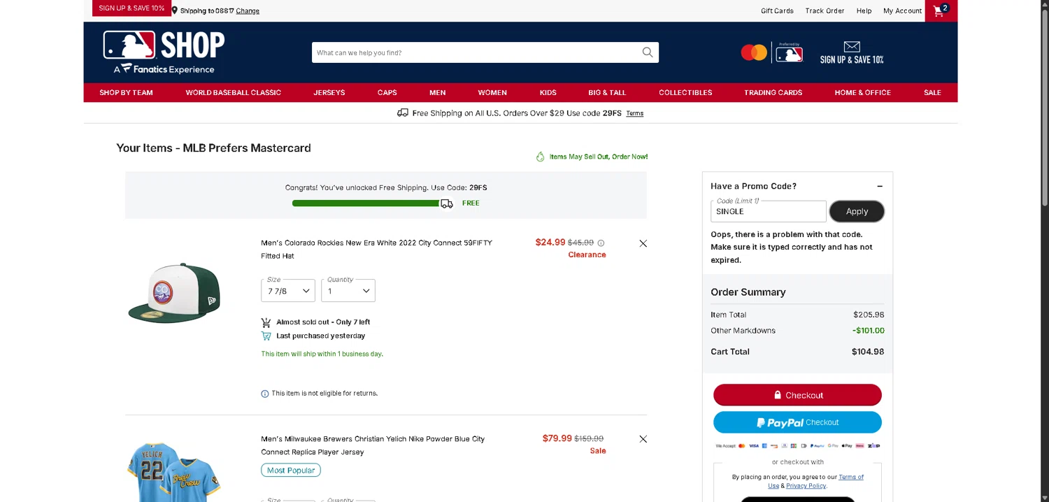 Milwaukee Brewers coupon code screenshot showing code single applied at Milwaukee Brewers checkout page. Uploaded by SimplyCodes community member PromoElite4745 on Jan 21, 2026