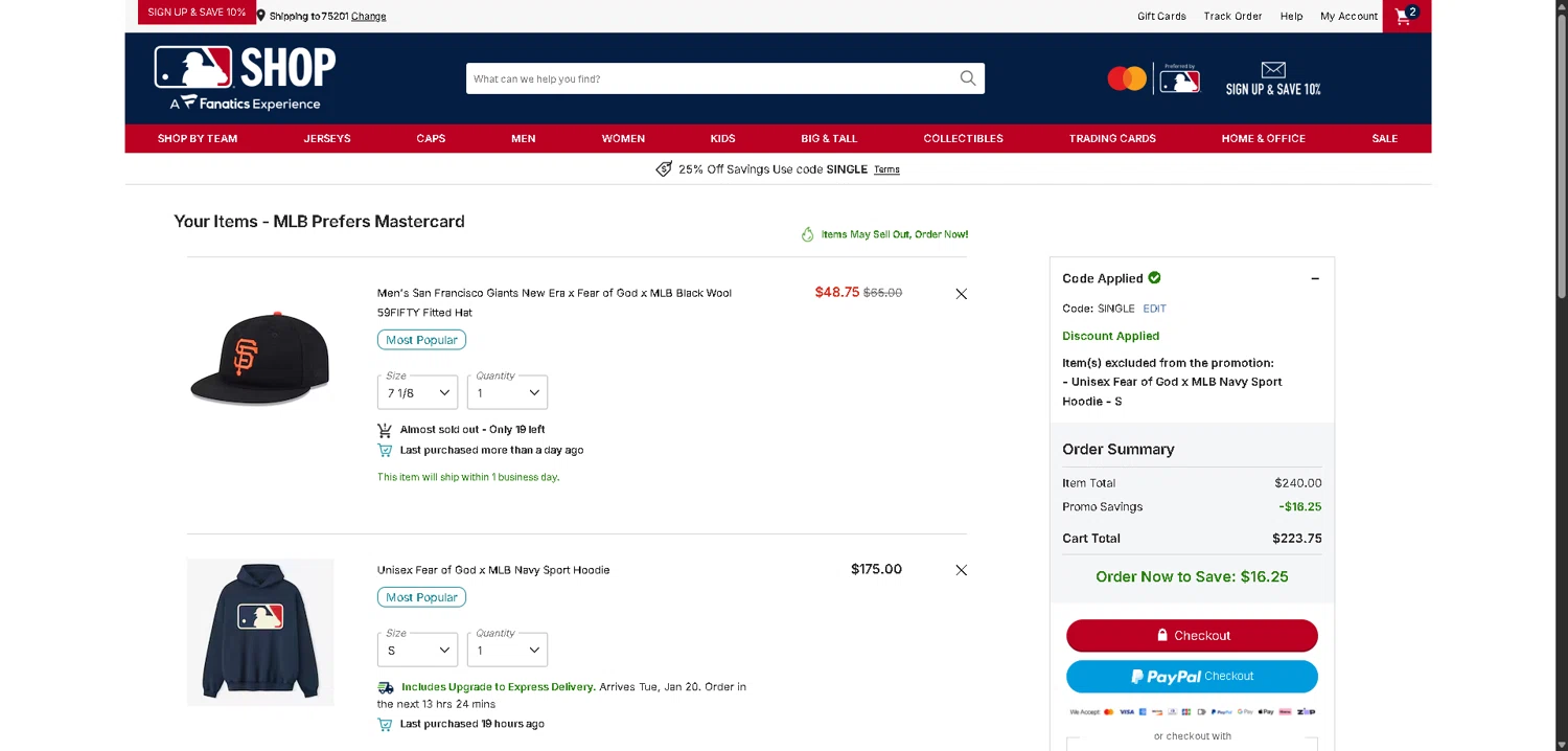 Milwaukee Brewers checkout page showing Milwaukee Brewers coupon code box | Screenshot taken by SimplyCodes community member on Jan 15, 2026