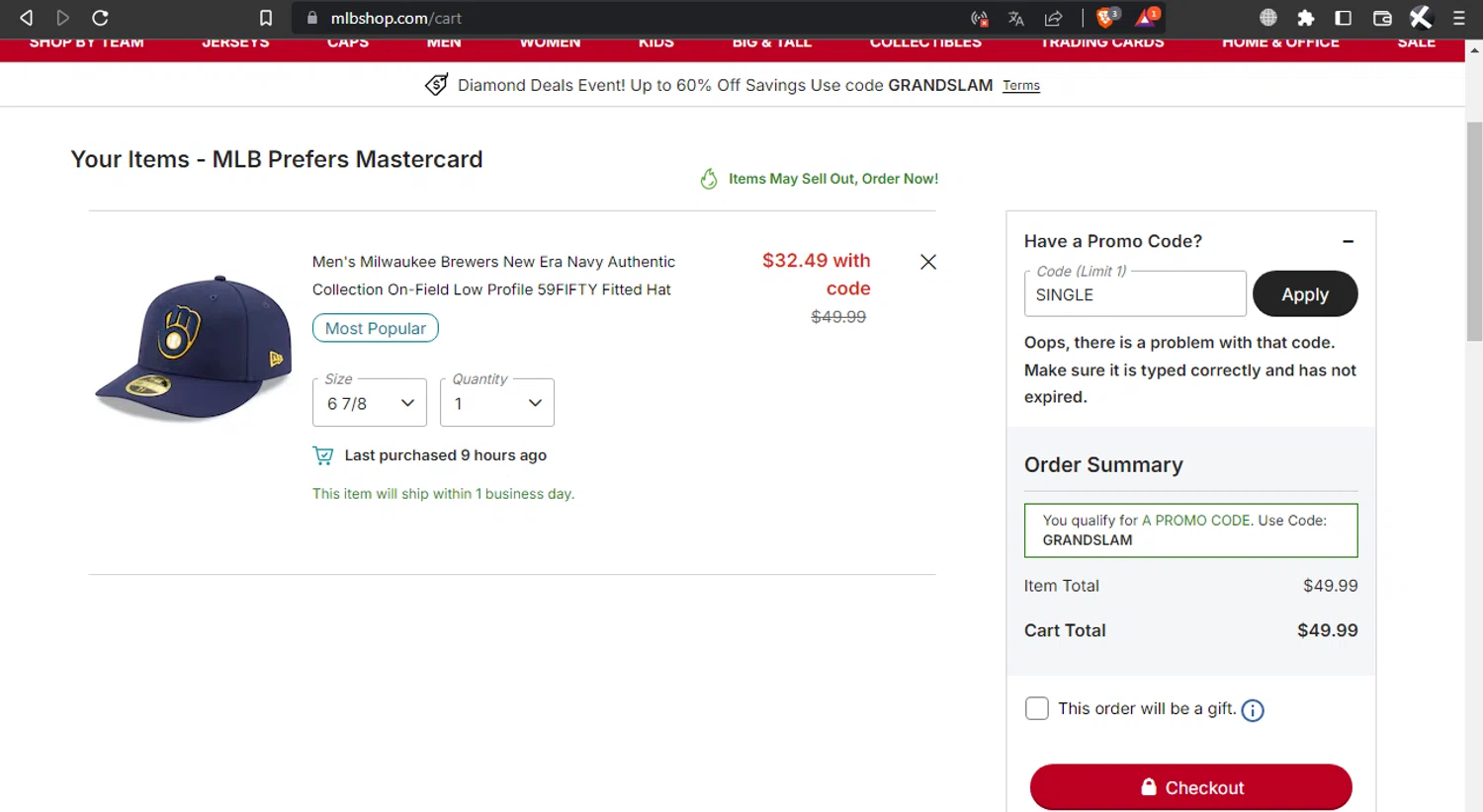 Milwaukee Brewers coupon code screenshot showing code single applied at Milwaukee Brewers checkout page. Uploaded by SimplyCodes community member l2994552451687 on Dec 6, 2025
