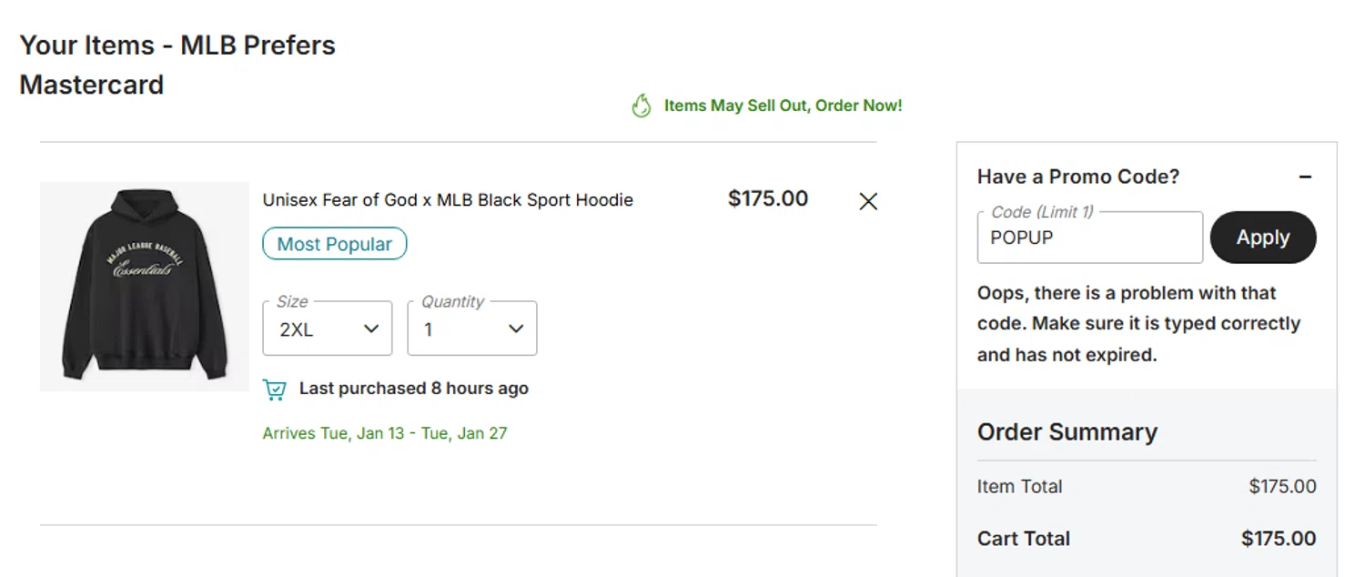 Milwaukee Brewers checkout page showing Milwaukee Brewers coupon code box | Screenshot taken by SimplyCodes community member on Dec 24, 2025