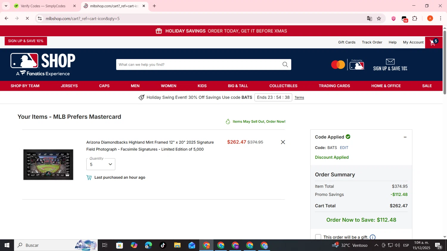 Milwaukee Brewers checkout page showing Milwaukee Brewers coupon code box | Screenshot taken by SimplyCodes community member on Dec 15, 2025
