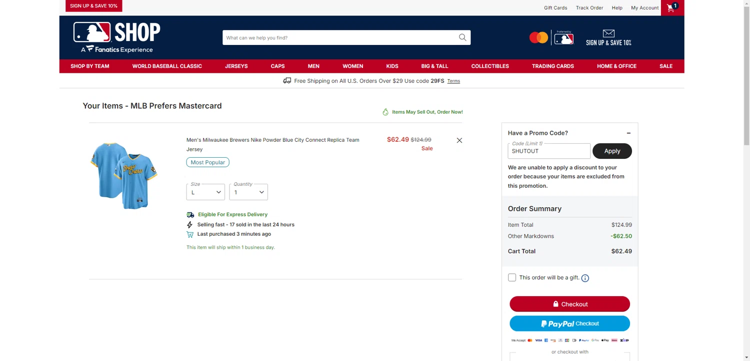 Milwaukee Brewers checkout page showing Milwaukee Brewers coupon code box | Screenshot taken by SimplyCodes community member on Jan 24, 2026