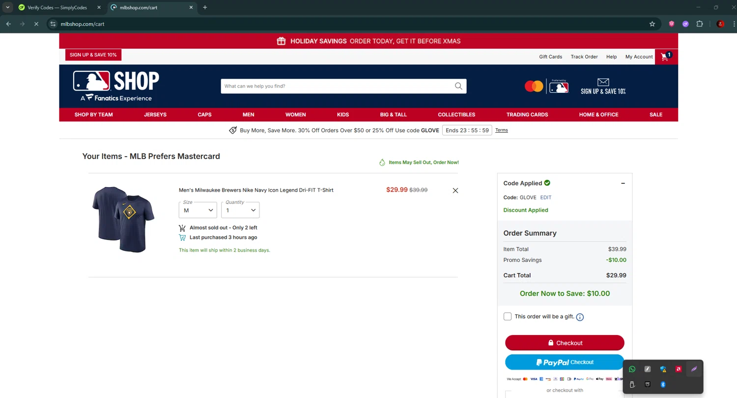 Milwaukee Brewers checkout page showing Milwaukee Brewers coupon code box | Screenshot taken by SimplyCodes community member on Dec 16, 2025