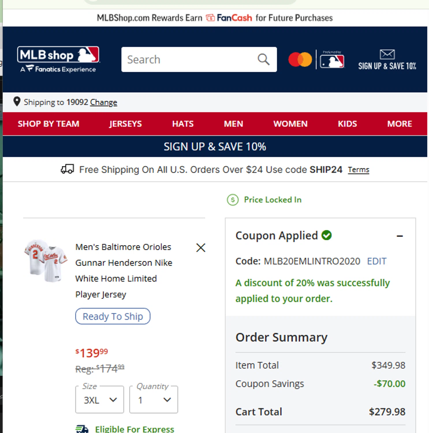 Milwaukee Brewers coupon code screenshot showing code MLB20EMLINTRO2020 applied at Milwaukee Brewers checkout page. Uploaded by SimplyCodes community member FrugalHunter3134 on Mar 17, 2025