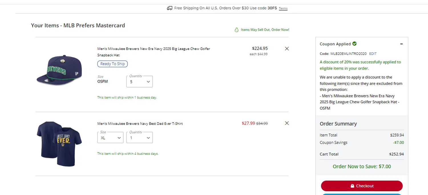 Milwaukee Brewers coupon code screenshot showing code MLB20EMLINTRO2020 applied at Milwaukee Brewers checkout page. Uploaded by SimplyCodes community member obito1234 on May 30, 2025