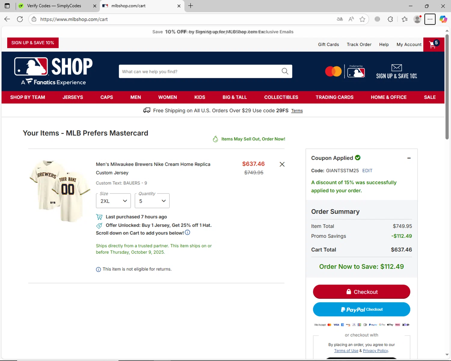 Milwaukee Brewers coupon code screenshot showing code GIANTSSTM25 applied at Milwaukee Brewers checkout page. Uploaded by SimplyCodes community member jhoanDepp on Sep 11, 2025