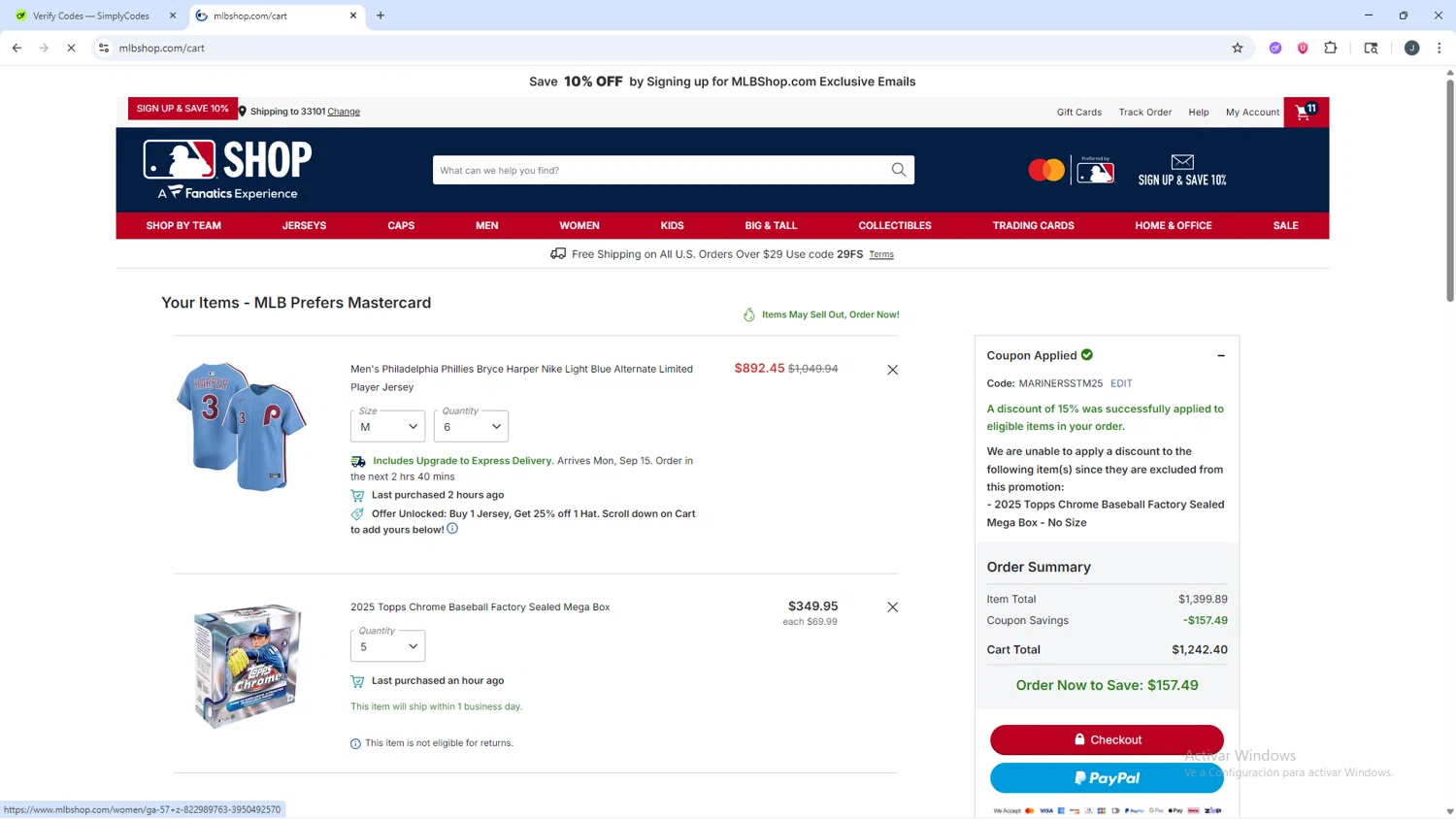 Milwaukee Brewers coupon code screenshot showing code MARINERSSTM25 applied at Milwaukee Brewers checkout page. Uploaded by SimplyCodes community member AVATIGRITO on Sep 11, 2025