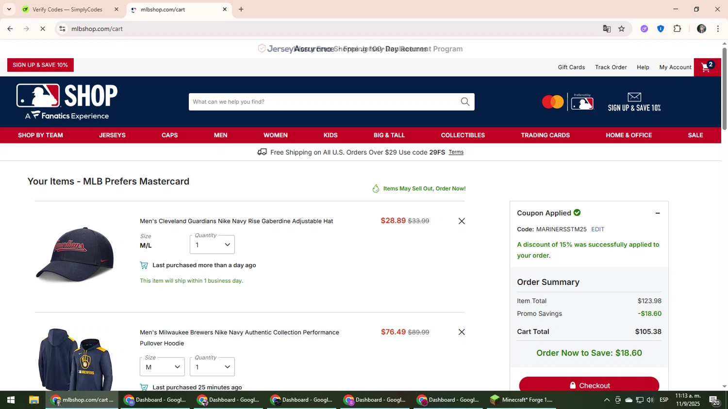 Milwaukee Brewers coupon code screenshot showing code MARINERSSTM25 applied at Milwaukee Brewers checkout page. Uploaded by SimplyCodes community member CleverLynx6871 on Sep 11, 2025