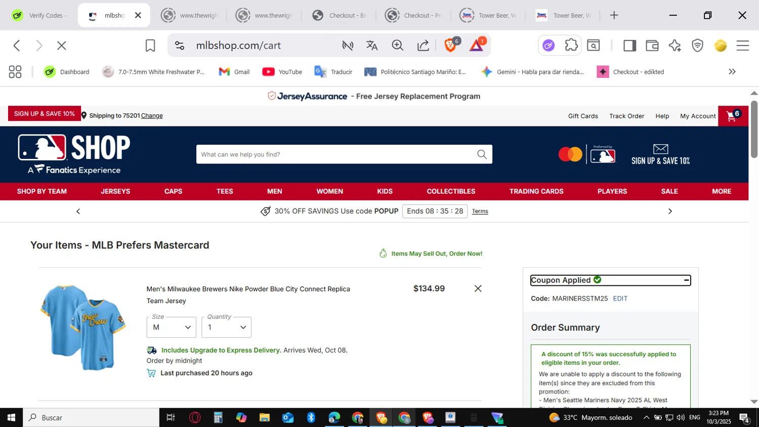 Milwaukee Brewers coupon code screenshot showing code MARINERSSTM25 applied at Milwaukee Brewers checkout page. Uploaded by SimplyCodes community member conorgrey on Oct 3, 2025