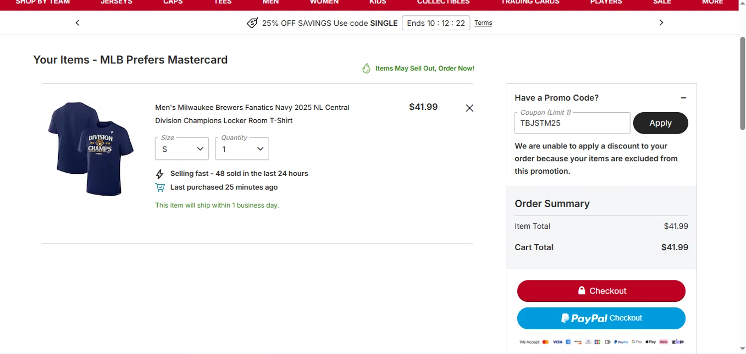 Milwaukee Brewers coupon code screenshot showing code TBJSTM25 applied at Milwaukee Brewers checkout page. Uploaded by SimplyCodes community member BargainShopper1384 on Oct 2, 2025