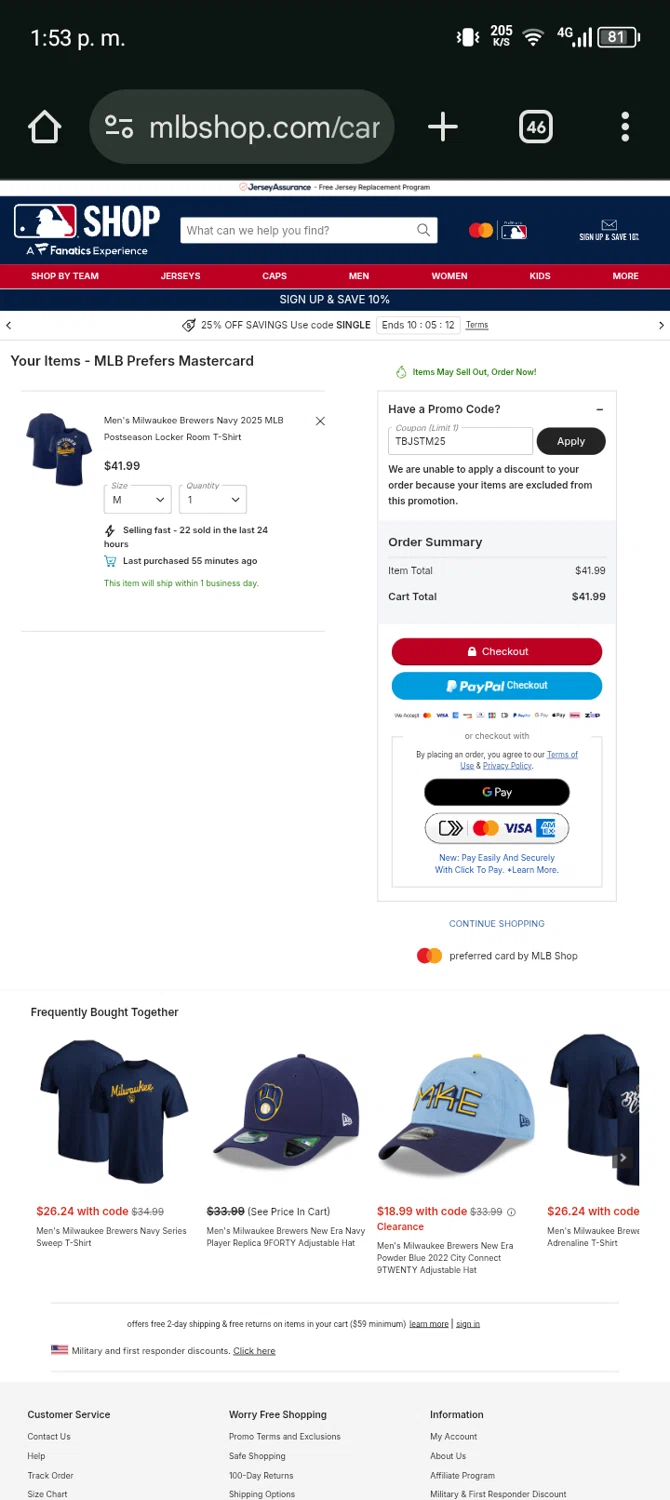 Milwaukee Brewers coupon code screenshot showing code TBJSTM25 applied at Milwaukee Brewers checkout page. Uploaded by SimplyCodes community member Bernado on Oct 2, 2025