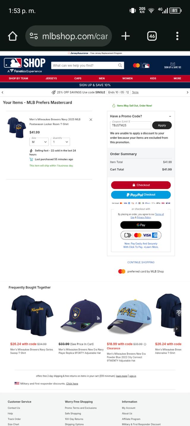 Milwaukee Brewers checkout page showing Milwaukee Brewers coupon code box | Screenshot taken by SimplyCodes community member on Oct 2, 2025