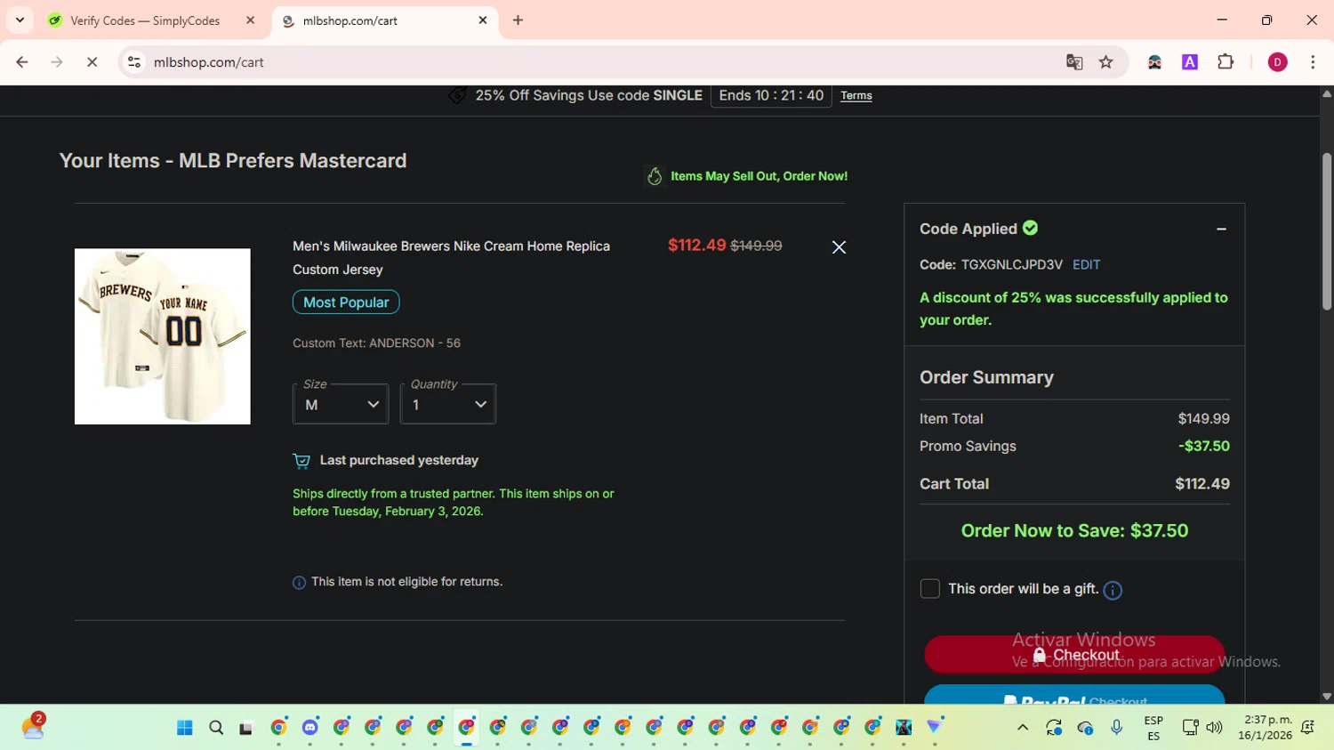 Milwaukee Brewers checkout page showing Milwaukee Brewers coupon code box | Screenshot taken by SimplyCodes community member on Jan 16, 2026
