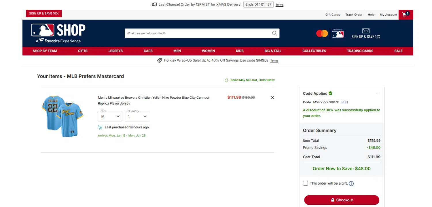Milwaukee Brewers coupon code screenshot showing code MVPYVZ2N8P7K applied at Milwaukee Brewers checkout page. Uploaded by SimplyCodes community member OnlywM on Dec 22, 2025