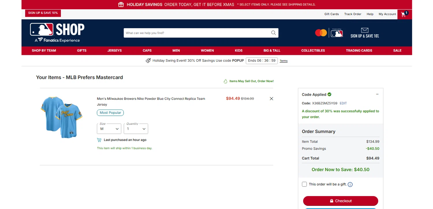 Milwaukee Brewers coupon code screenshot showing code X36BZ5MZ5YG9 applied at Milwaukee Brewers checkout page. Uploaded by SimplyCodes community member OnlywM on Dec 18, 2025