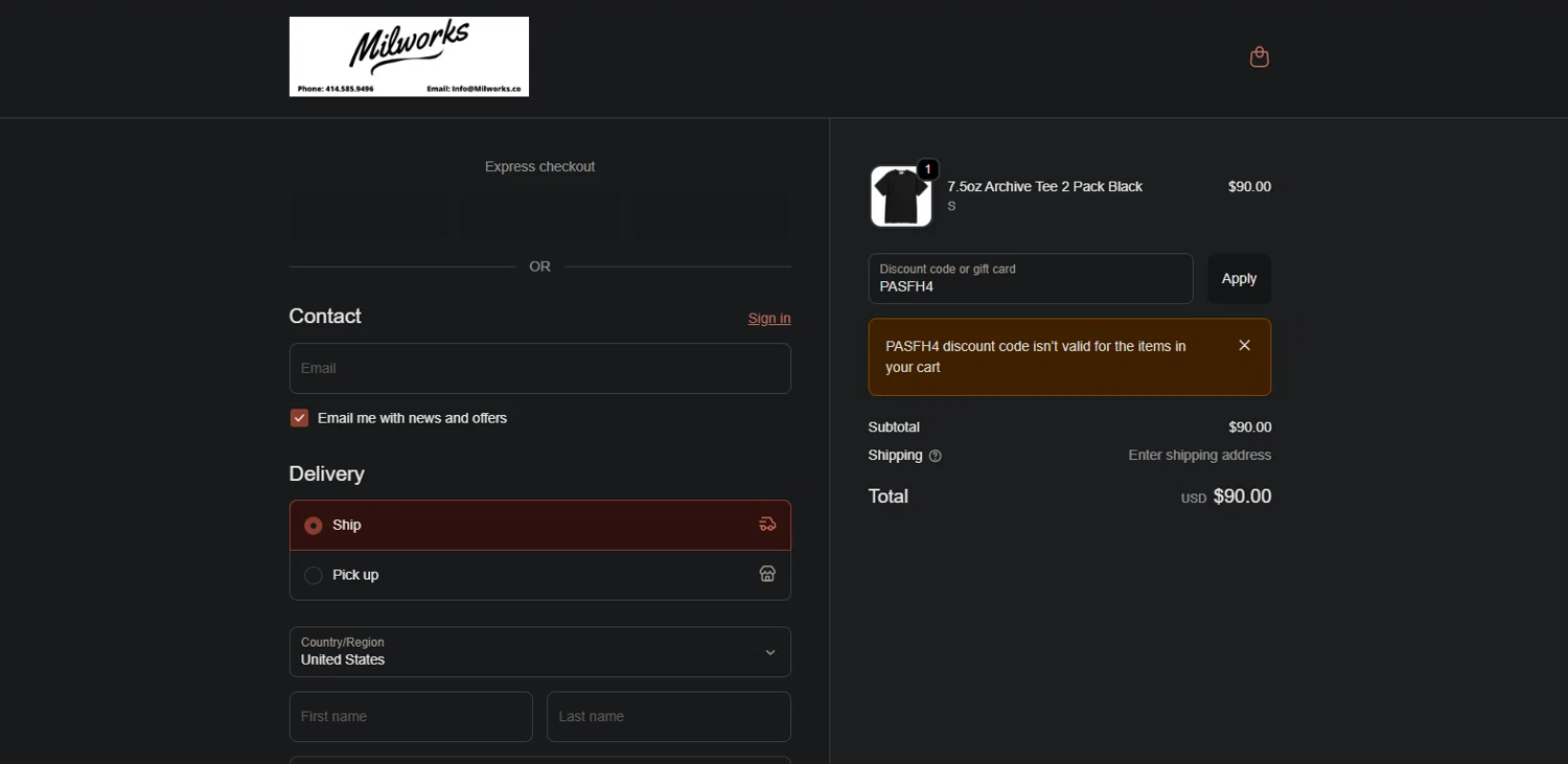 Milworks discount code screenshot showing code PASFH4 applied at Milworks checkout page. Uploaded by SimplyCodes community member Nor_man on Oct 3, 2025
