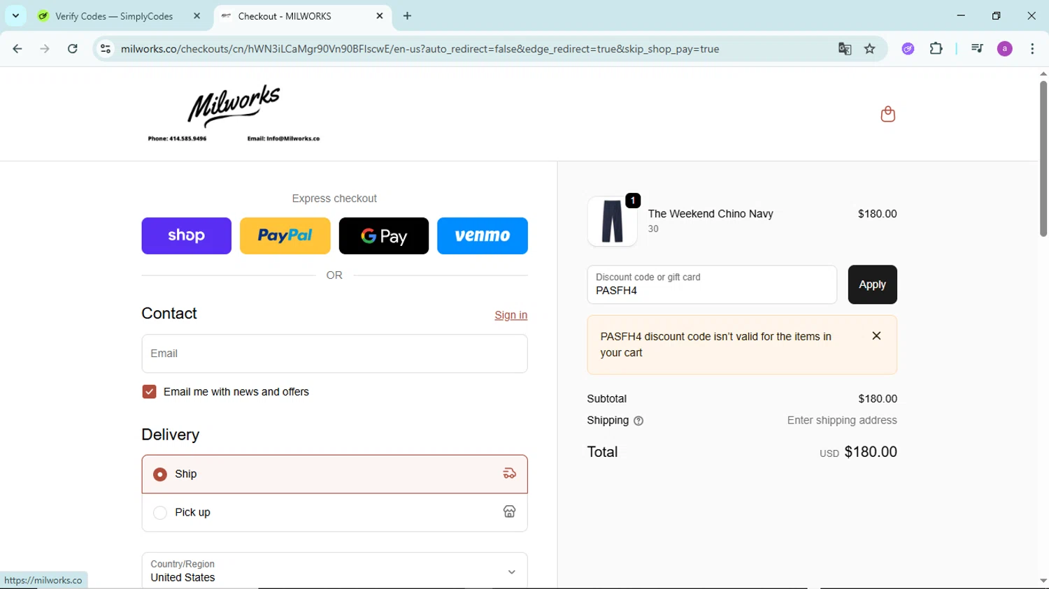 Milworks discount code screenshot showing code PASFH4 applied at Milworks checkout page. Uploaded by SimplyCodes community member PennyBoss9589 on Oct 4, 2025