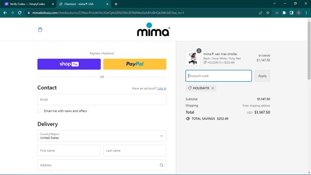 Mima Kids USA checkout page showing Mima Kids USA promo code box | Screenshot taken by SimplyCodes community member on Dec 11, 2023