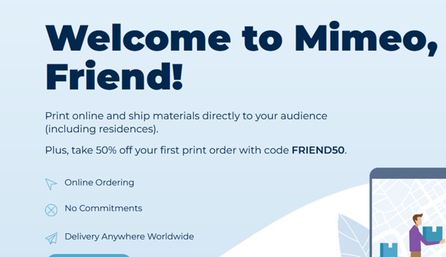 Mimeo checkout page showing Mimeo coupon code box | Screenshot taken by SimplyCodes community member on May 19, 2025