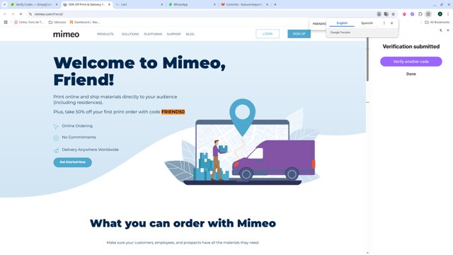 Mimeo checkout page showing Mimeo coupon code box | Screenshot taken by SimplyCodes community member on Jul 3, 2025