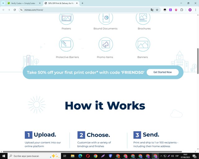 Mimeo checkout page showing Mimeo coupon code box | Screenshot taken by SimplyCodes community member on Aug 7, 2025
