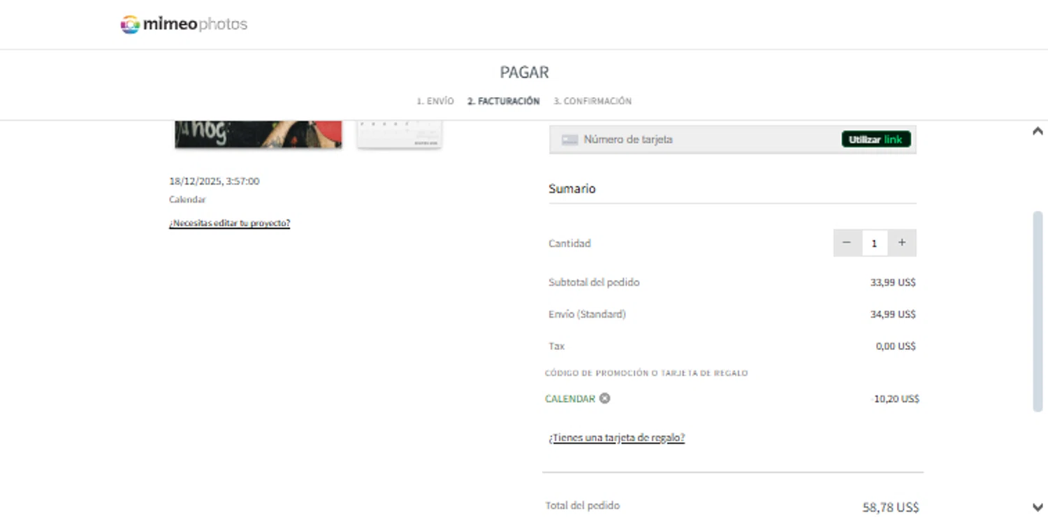 Mimeo Photos checkout page showing Mimeo Photos promo code box | Screenshot taken by SimplyCodes community member on Dec 18, 2025