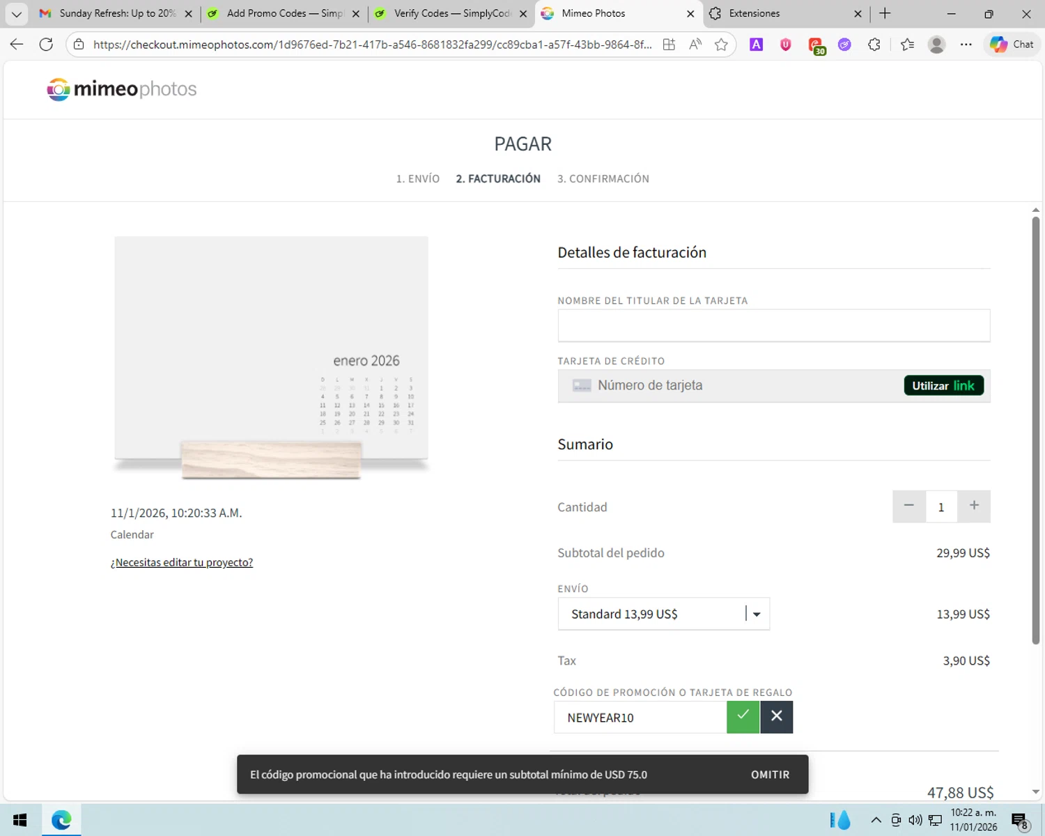 Mimeo Photos checkout page showing Mimeo Photos promo code box | Screenshot taken by SimplyCodes community member on Jan 11, 2026