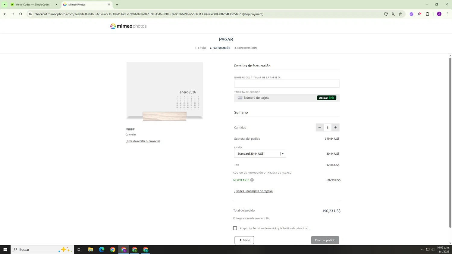 Mimeo Photos checkout page showing Mimeo Photos promo code box | Screenshot taken by SimplyCodes community member on Jan 11, 2026