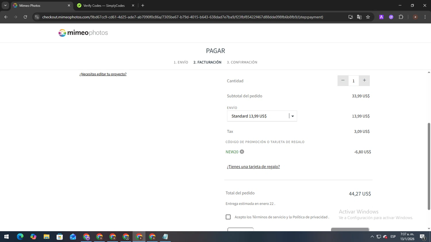 Mimeo Photos promo code screenshot showing code NEW20 applied at Mimeo Photos checkout page. Uploaded by SimplyCodes community member Andygar on Jan 13, 2026