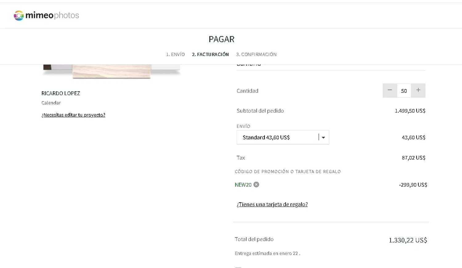 Mimeo Photos promo code screenshot showing code NEW20 applied at Mimeo Photos checkout page. Uploaded by SimplyCodes community member LAMINEJAMAL on Jan 13, 2026