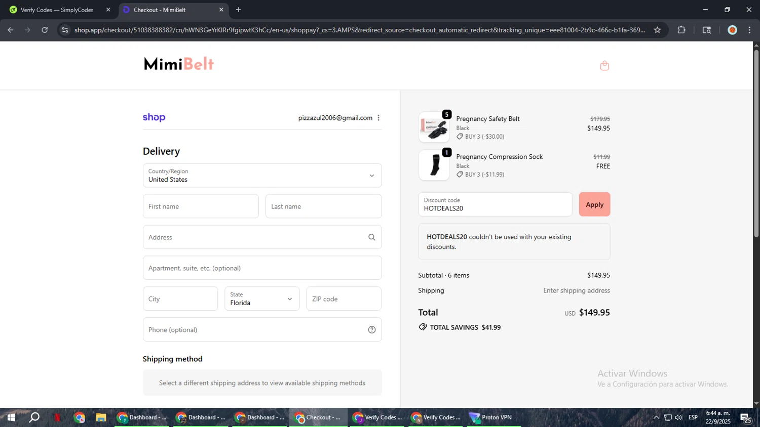 MimiBelt discount code screenshot showing code HOTDEALS20 applied at MimiBelt checkout page. Uploaded by SimplyCodes community member BonusCaptain9927 on Sep 22, 2025