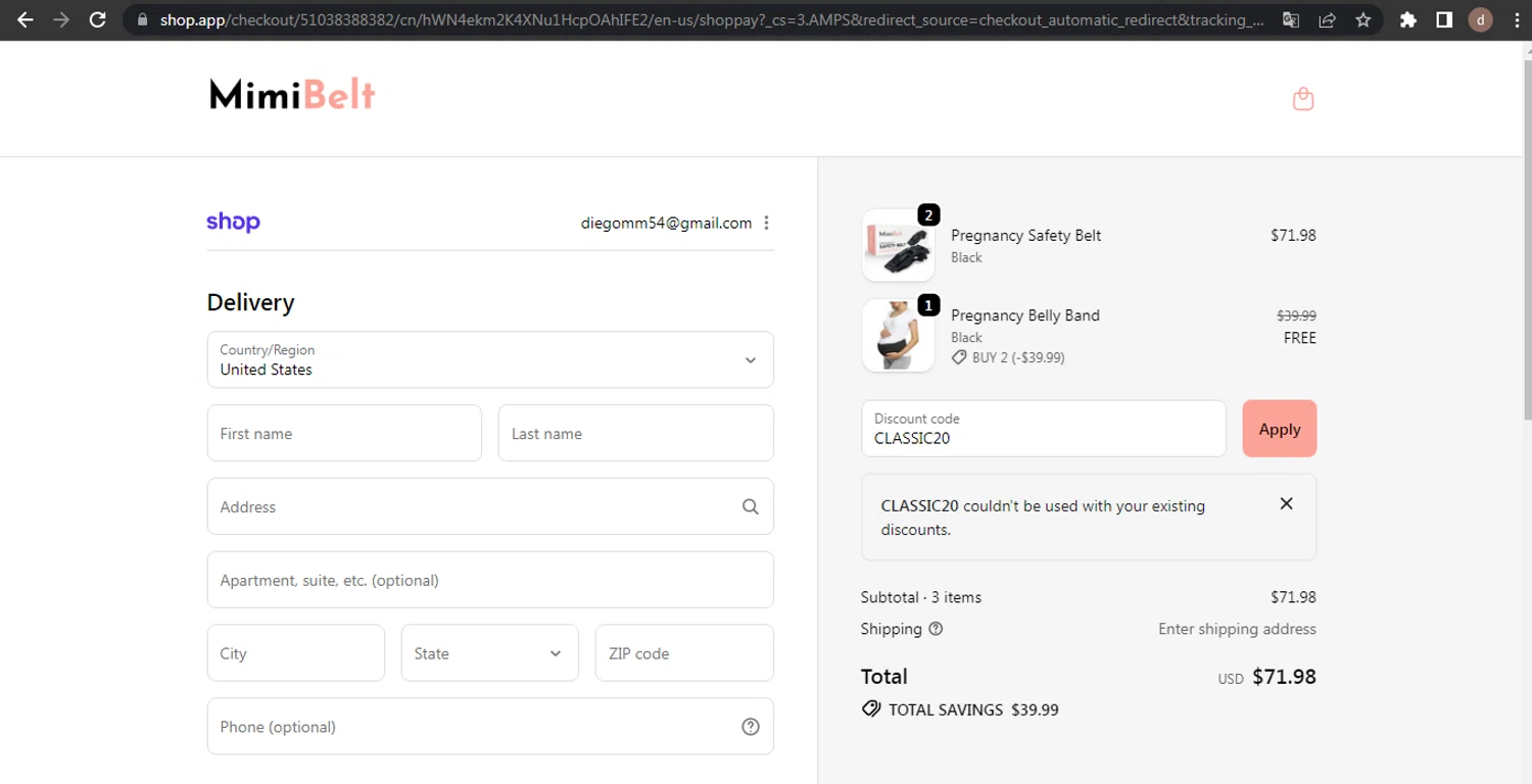 MimiBelt discount code screenshot showing code CLASSIC20 applied at MimiBelt checkout page. Uploaded by SimplyCodes community member BargainVirtuoso4670 on Oct 29, 2025