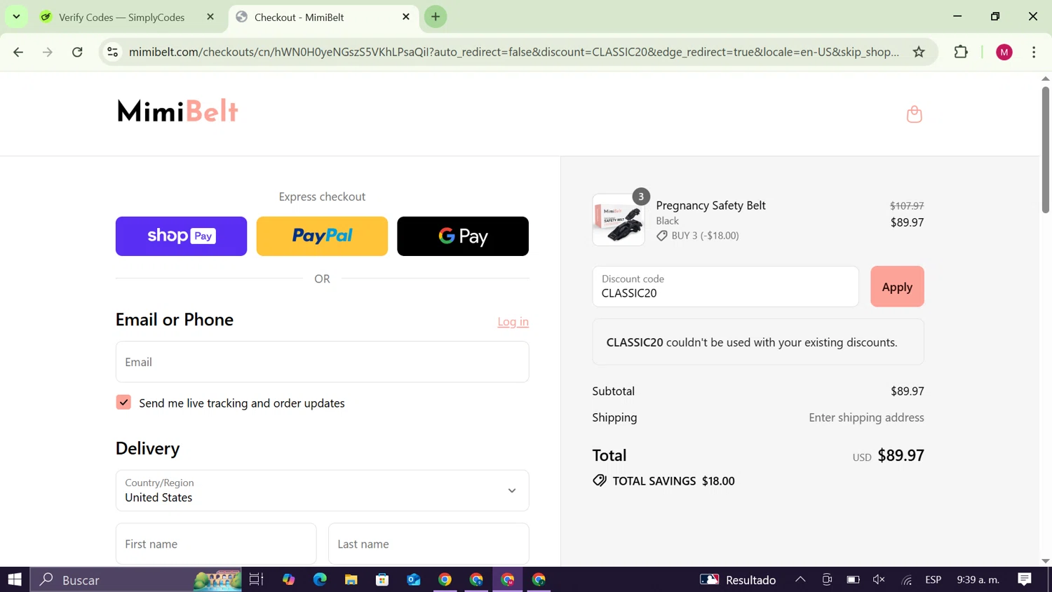 MimiBelt discount code screenshot showing code CLASSIC20 applied at MimiBelt checkout page. Uploaded by SimplyCodes community member CouponAce9216 on Jul 5, 2025