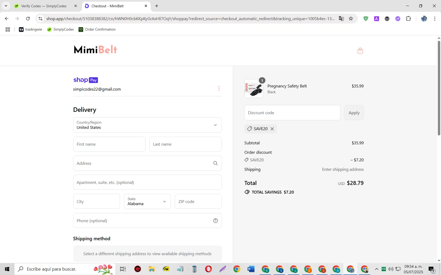 MimiBelt discount code screenshot showing code SAVE20 applied at MimiBelt checkout page. Uploaded by SimplyCodes community member JoseH45 on Jul 5, 2025