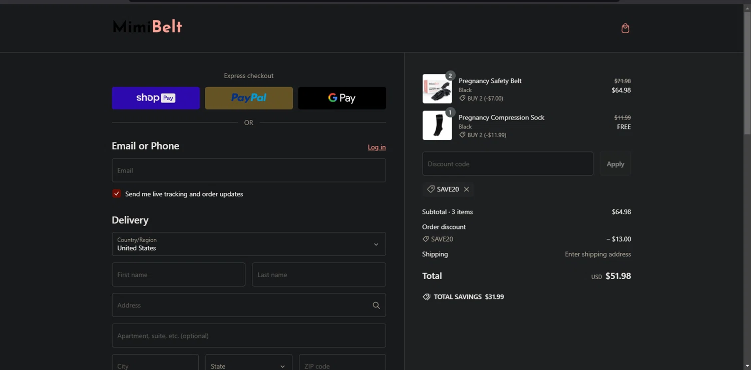MimiBelt discount code screenshot showing code SAVE20 applied at MimiBelt checkout page. Uploaded by SimplyCodes community member Nor_man on Feb 8, 2025