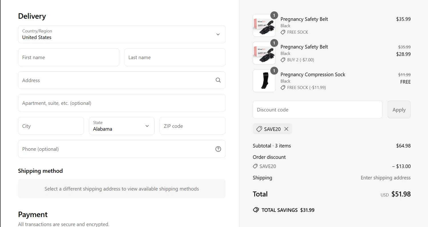 MimiBelt discount code screenshot showing code SAVE20 applied at MimiBelt checkout page. Uploaded by SimplyCodes community member SmartGenius4250 on Jun 16, 2025
