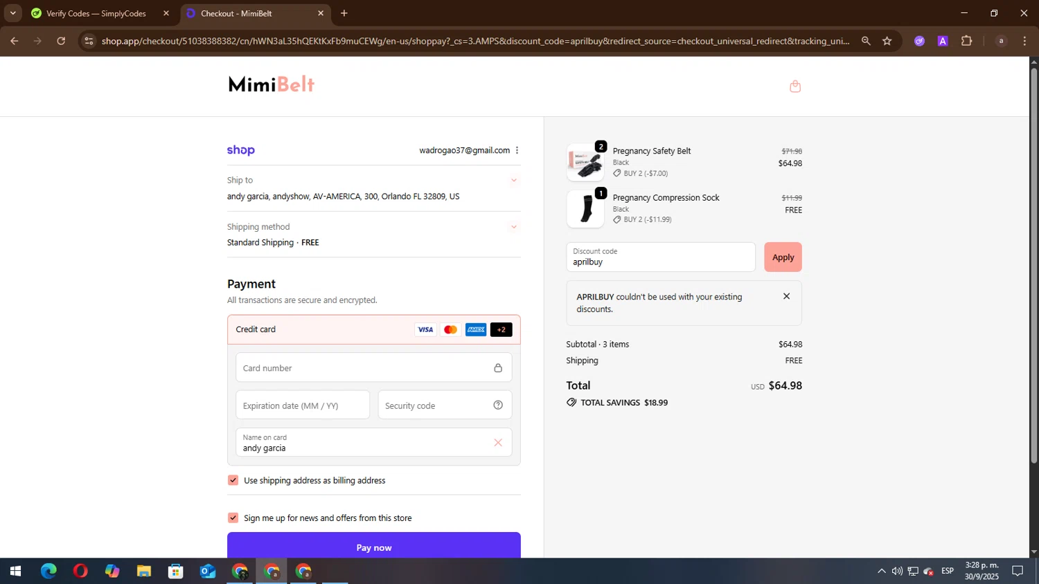 MimiBelt discount code screenshot showing code aprilbuy applied at MimiBelt checkout page. Uploaded by SimplyCodes community member lisandro on Sep 30, 2025