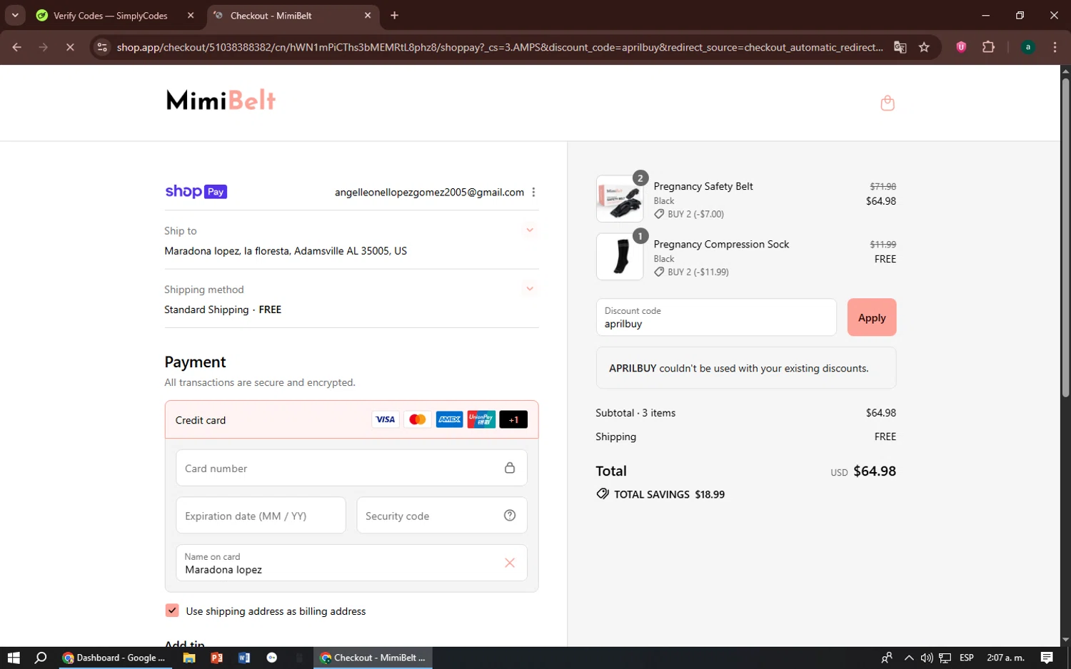 MimiBelt discount code screenshot showing code aprilbuy applied at MimiBelt checkout page. Uploaded by SimplyCodes community member zizu55 on Aug 14, 2025