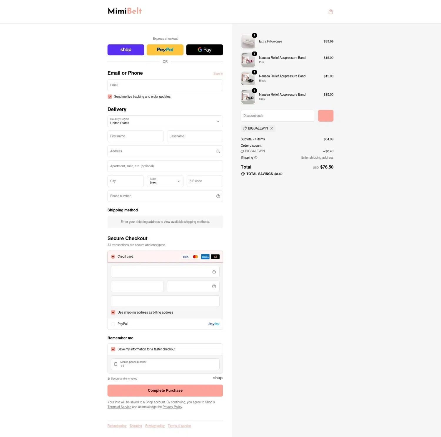 MimiBelt discount code screenshot showing code bigsalewin applied at MimiBelt checkout page. Uploaded by SimplyCodes community member JavierArteaga on Dec 29, 2025