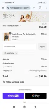 JOSE10% coupon verification screenshot