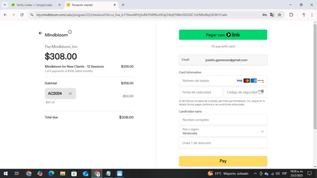 Mindbloom checkout page showing Mindbloom promo code box | Screenshot taken by SimplyCodes community member on Feb 25, 2025