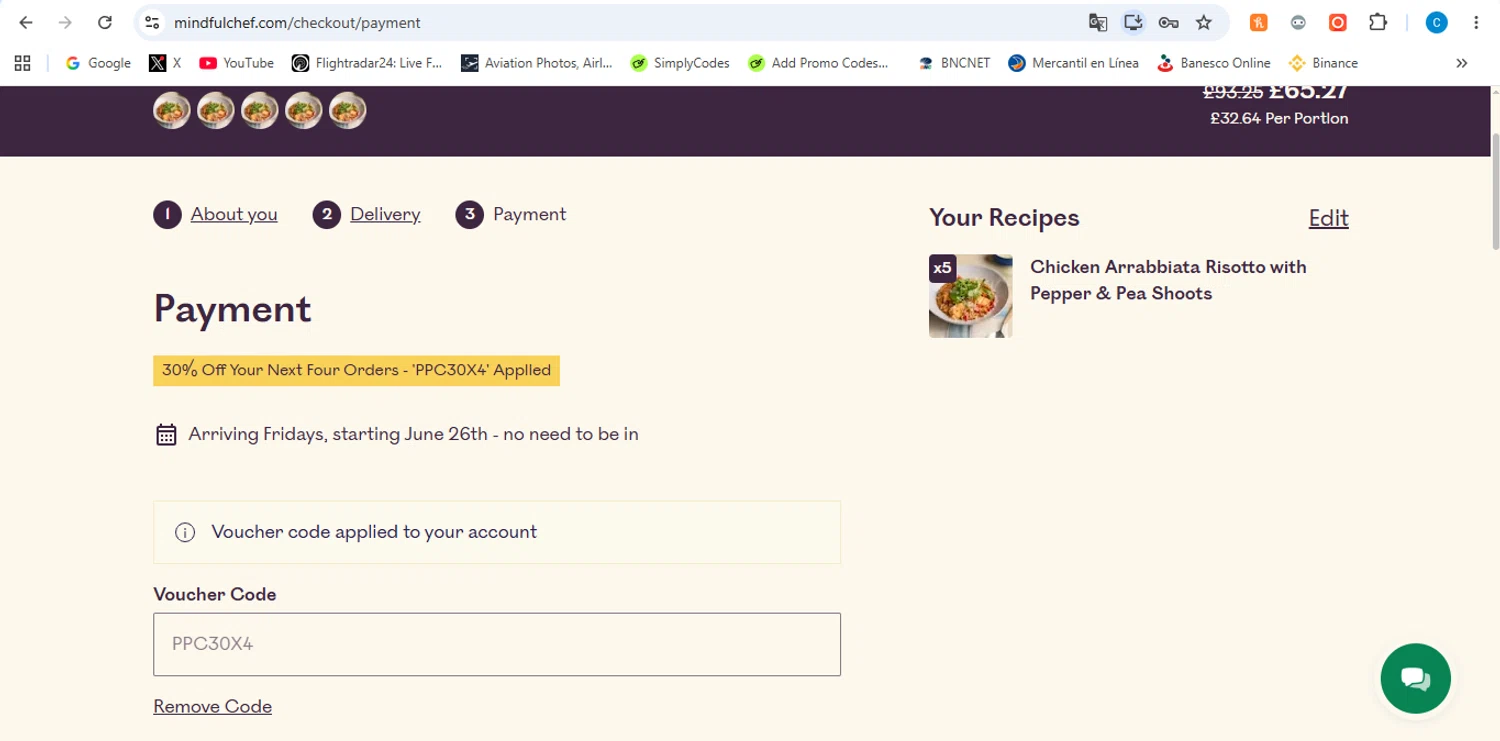 Mindful Chef promo code screenshot showing code PPC30X4 applied at Mindful Chef checkout page. Uploaded by SimplyCodes community member victor on Jun 22, 2026