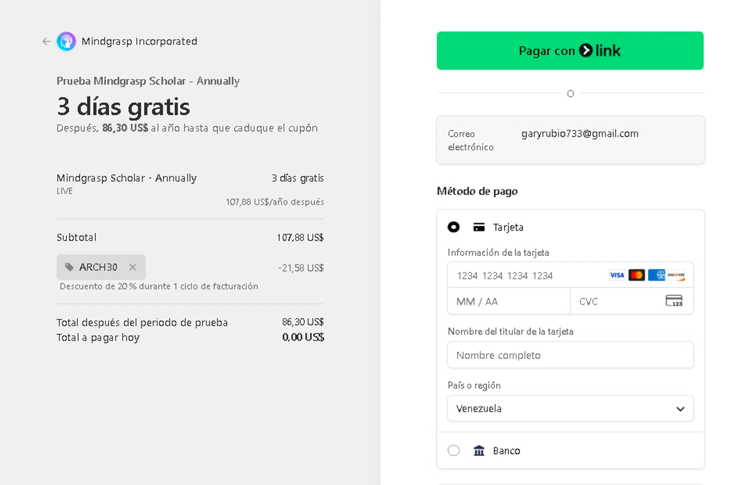 Mindgrasp promo code screenshot showing code ARCH30 applied at Mindgrasp checkout page. Uploaded by SimplyCodes community member CRYSTALSUICINE on Dec 28, 2025