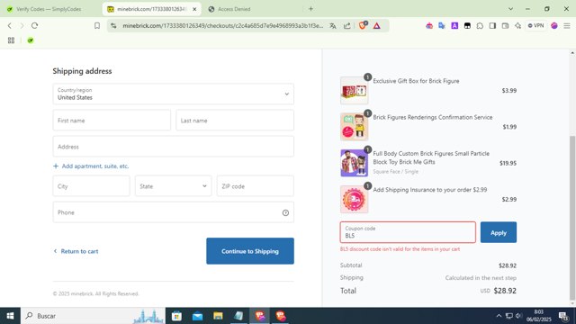 MineBrick checkout page showing MineBrick discount code box | Screenshot taken by SimplyCodes community member on Feb 6, 2025